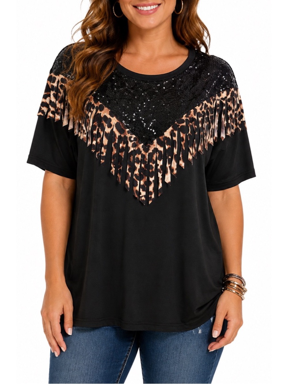 Sunshine & Rodeos black tee with sequins and Leo print fringe